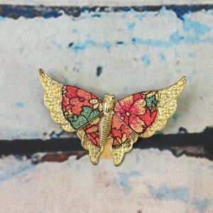 Vintage Butterfly Gold Green Red Beautiful Brooch Lapel Pin